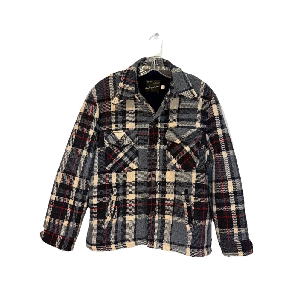 Vintage 60s 70s JCPenneys Sz LG Blue Plaid Heavyweight Flannel Jacket Sherpa